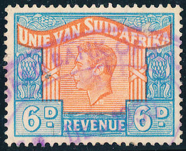 South Africa Revenue Stamps - 1946-52 - Geo 6 - 6d blue & orange showing language error 'AE' fine