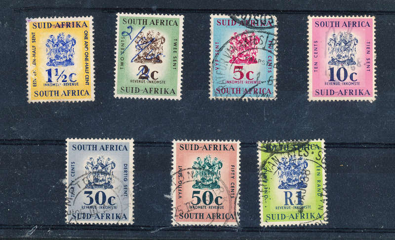 South Africa Revenue Stamps - 1961 - 68 - 1½c, 2c, 5c, 10c, 30c, 50c, R1 fine used . SACC B&H 109 .