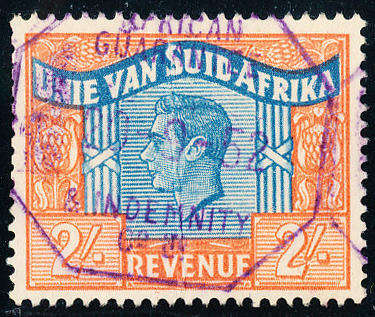South Africa Revenue Stamps - 1946-52 - Geo 6 - 2s blue & orange showing lang error 'AE' SACC 71a .