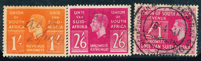 South Africa Revenue Stamps - 1938 - 42 - Geo 6 - 1s, 2s 6d, £1 fine used . SACC 36, 39, 45 .