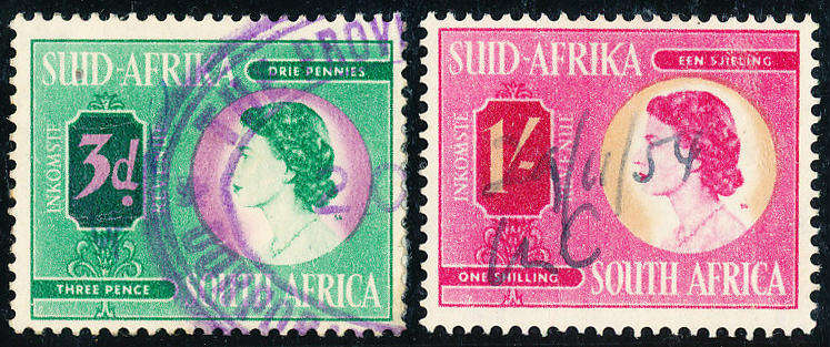 South Africa Revenue Stamps - 1954 - Eliz - 3d , 1s values fiscally used . SG B&H 83, 85 .