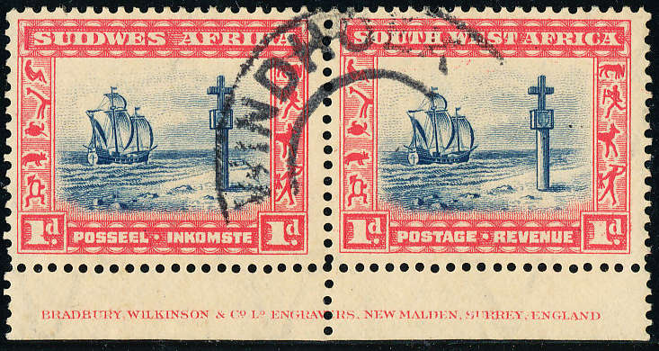 South West Africa - 1931 - Pict Defins - 1d perf down inscriptional horiz pair fine used . SACC 104a