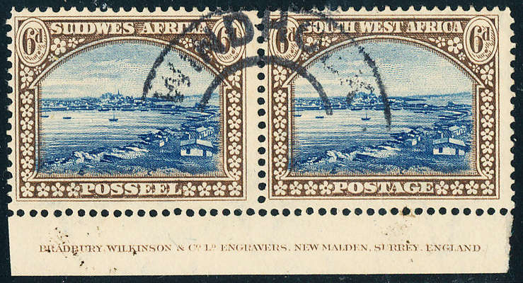South West Africa - 1931 - Picts Defins - 6d perf up inscriptional horiz pair fine used . SACC 108 .