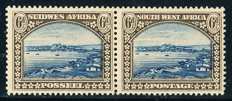 South West Africa - 1931 - Pict Defins - 6d perf down horiz pair mint hinged . SACC 108a .