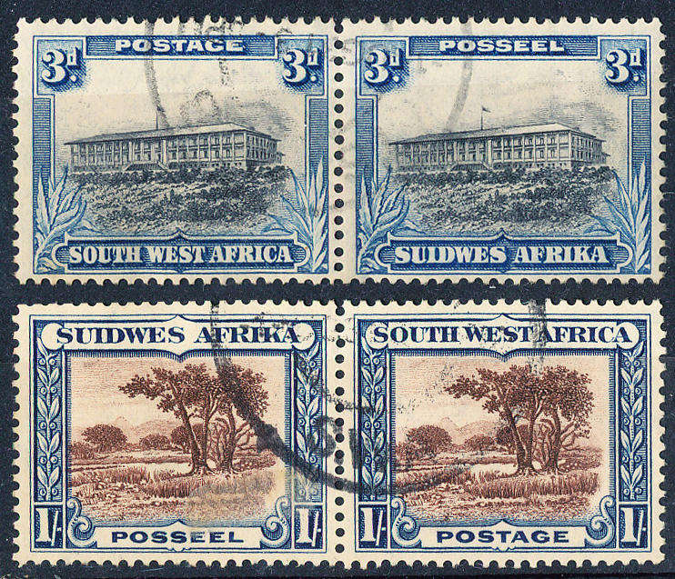 South West Africa - 1931 - Pict Defins - 3d & 1s horiz pairs fine used . SG 106, 109 .