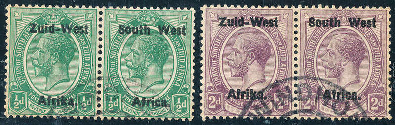 South West Africa - 1923 - Geo V - Type 1 ovpt - ½d green & 2d purple fine used horiz pairs . SG 1,3