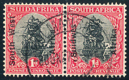 South West Africa - 1926 - Lon Ptg of S.A. Ovpt - 1d black, carmine eng on afrk horiz pair fine used