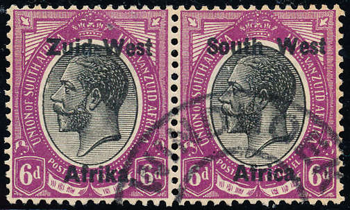 South West Africa - 1923 - Geo V type 1 ovpt 6d black & violet fine used horiz pair . SACC 6 .