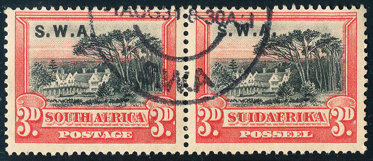 South West Africa - 1927-30 - Lon Picst Ovptd - 3d black & red horiz pair fine used . SG 84 .