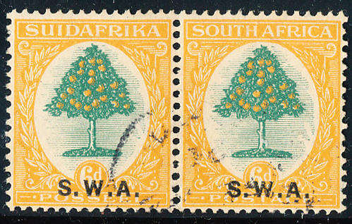 South West Africa - 1927-30 - Lon Picts - 6d greens orange horiz pair fine used . SACC 86 .