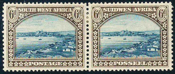 South West Africa - 1931 - Pict Defins - 6d (Perf up) horiz pair mint hinged . SG 108 .