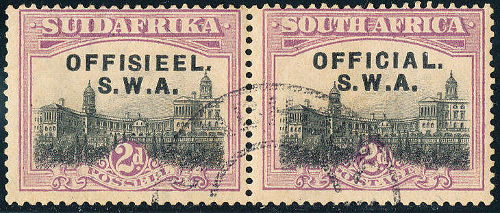 South West Africa Official Stamps - 1929 - 2d grey & purple horiz pair fine used . SG 11 .