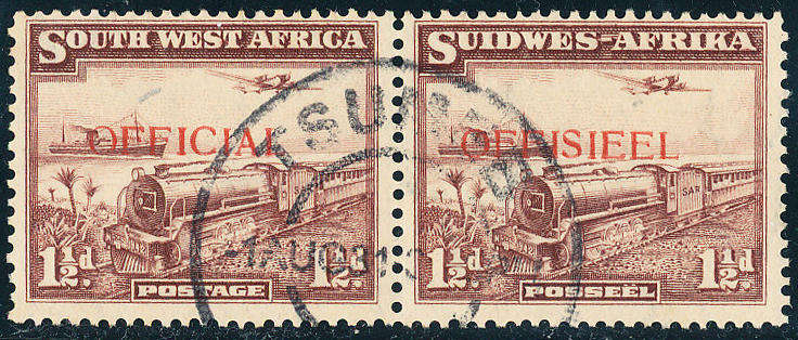 South West Africa Official Stamps - 1938 - 1½d purple-brown horiz pair fine used . SG 17 .