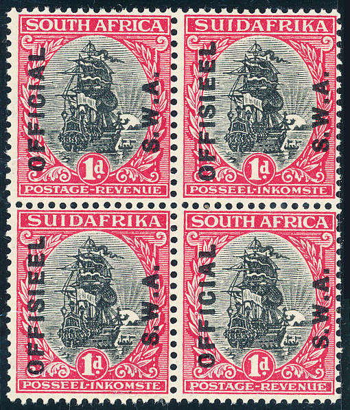 South West Africa Official Stamps - 1929 - 1d black & carmine blk of 4 mint unhinged . SACC 10 .