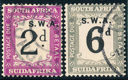 South West Africa Postage Dues - 1928-29 - 2d & 6d fine used singles . SG 41, 45 .