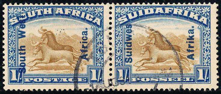 South West Africa Postage Dues - 1927-30 - Lon Picts Ovptd  - 1s brown & blue horiz pair fine SG 87