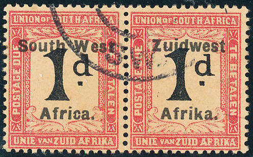 South West Africa Postage Dues - 1924-26 - Group 5 - 1d black & rose horiz pair fine used . SG D 22