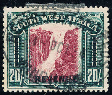 South West Africa Revenue Stamps - 1931 - 20s red & green fine used english single ovpt revenue .