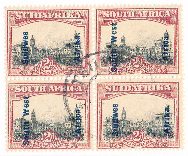South West Africa - 1926-27 - Lon Ptg of S.A. ovpt - 2d grey & purple blk of 4 fine used . SACC 75 .