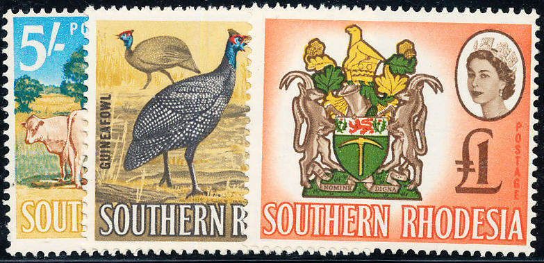 Southern Rhodesia - 1964 - Eliz Defins - 5s, 10s, £1 mint hinged . SACC 103-105 .