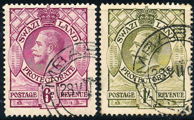 Swaziland - 1933 - Geo V - 6d bright purple, 1s olive fine used . SACC 16-17 .