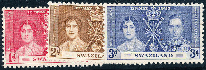Swaziland - 1937 - Coronation - set of 3 mint hinged . SG 25-27 .