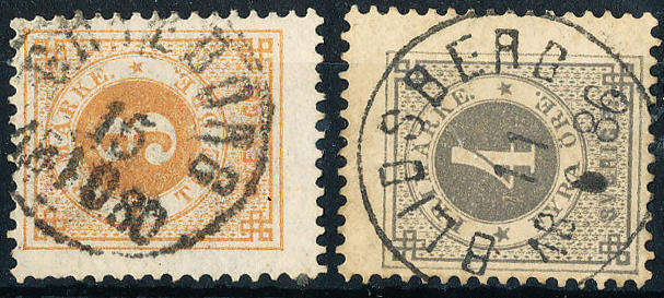 Sweden - 1872 - 79 - Defins - 3o yellow brown & 4o grey both perf 13 fine used . SG 16ab, 17a .