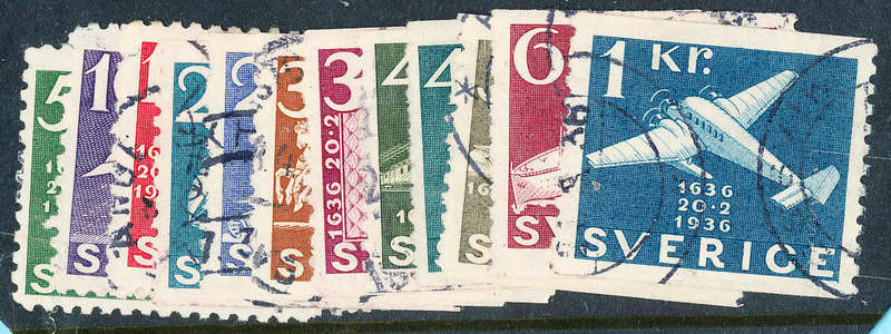 Sweden - 1936 - Tercentenary of Swedish P.O. - set of 12 fine used . SG 188-199 .