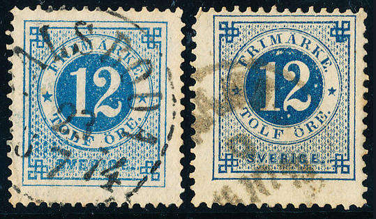 Sweden - 1872-79 - Defins - 12o blue & 12o deep blue perf B fine used . SG 21a, 21ba .