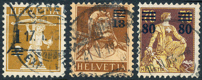 Switzerland - 1915 - Surch - 1c on 2c ochre 13c on 12 yellow-brown/ buff, 80c on 70c orange-yellow
