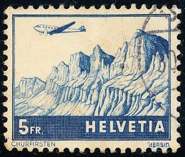 Switzerland - 1941 - Air - 5FR deep blue/ buff fine used . SG 422 .
