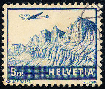 Switzerland - 1941 - Air - 5 FR deep blue/ buff fine used . SG 422 .
