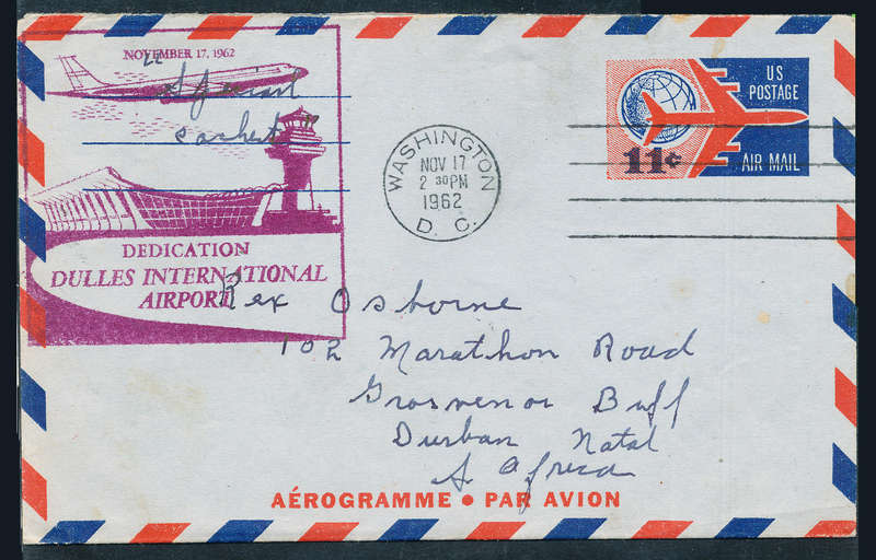 United States of America Postal History - 1962 - 11c Areogramms Post from Washington to Duban has