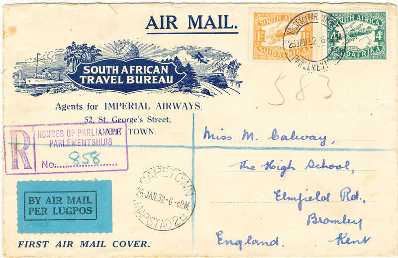 South Africa - 1932 - Set of 2 on comm inaugural flight cv odd tone spot opened at top SACC 40-41 .