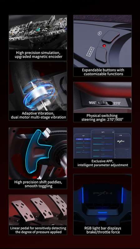 DW PXN V9 Gen 2 Gaming Steering Wheel 270-900 degree 3 Pedals and Gear Shifter