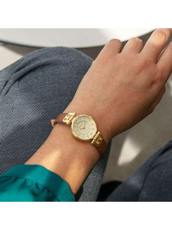 Anne Klein Womens Leather Strap Watch Gold Brown