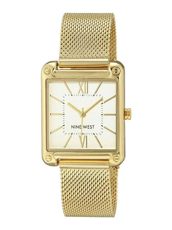 Nine West Womens Rectangular Faced Mesh Bracelet Watch Gold