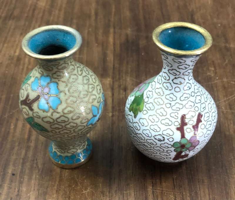 2 x Small Enameled Brass Vases