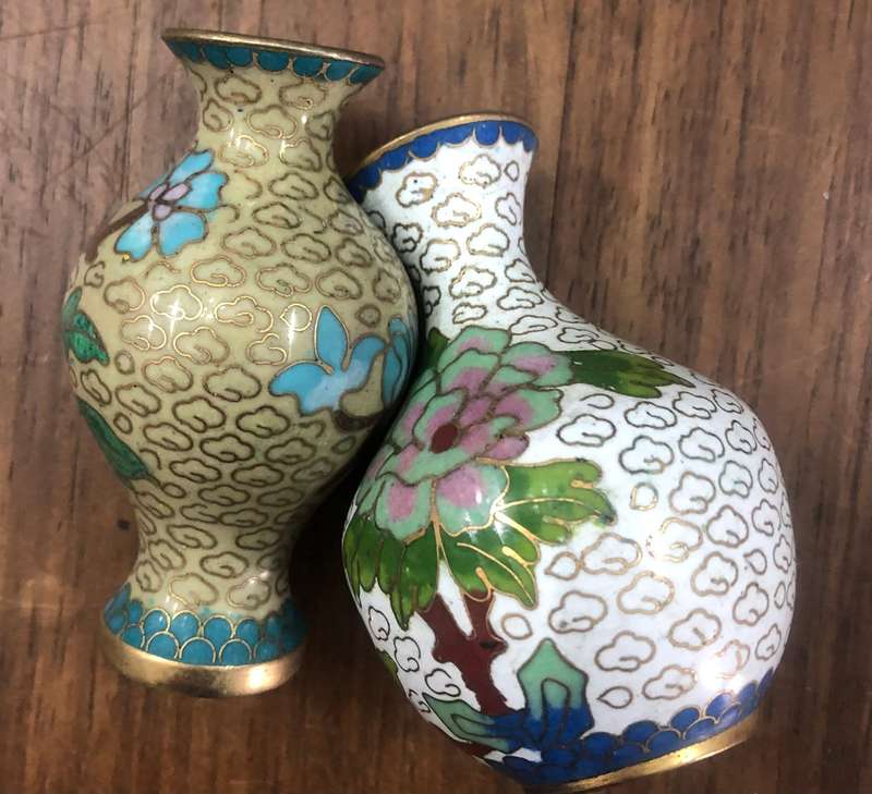 2 x Small Enameled Brass Vases