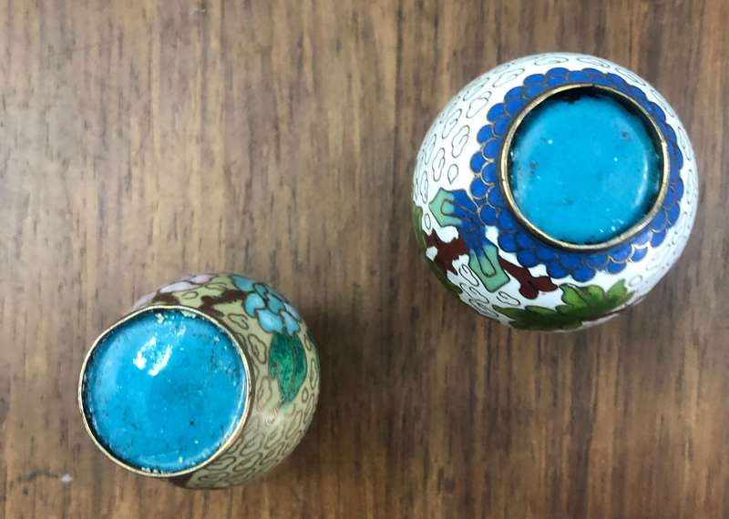 2 x Small Enameled Brass Vases