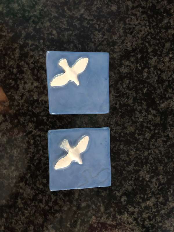 Handmade "Tiny Dove on Square" Mosaic  Tile Insert Set of 2