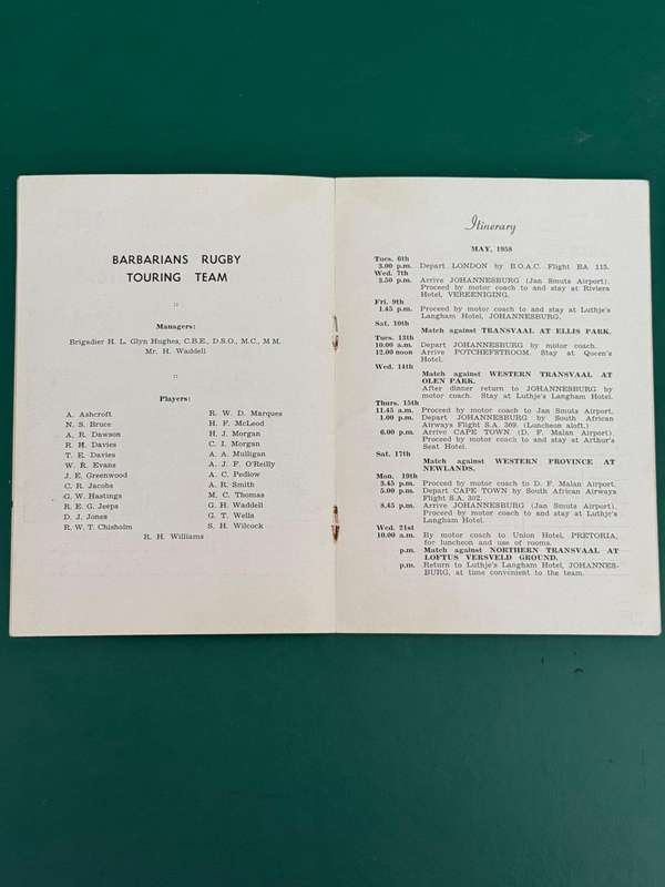 Rugby Itinerary - *SIGNED* Barbarians Rugby Team Tour of Southern-Africa 1958 issued by SA Railways