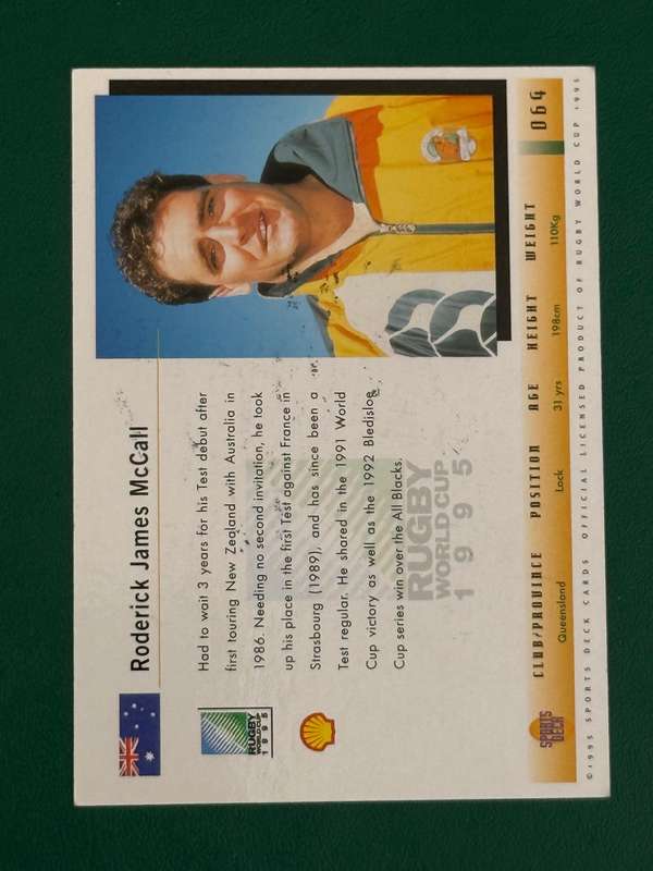 Rugby Card - *SIGNED* Australia Rodd McCall Sports Deck Rugby Card