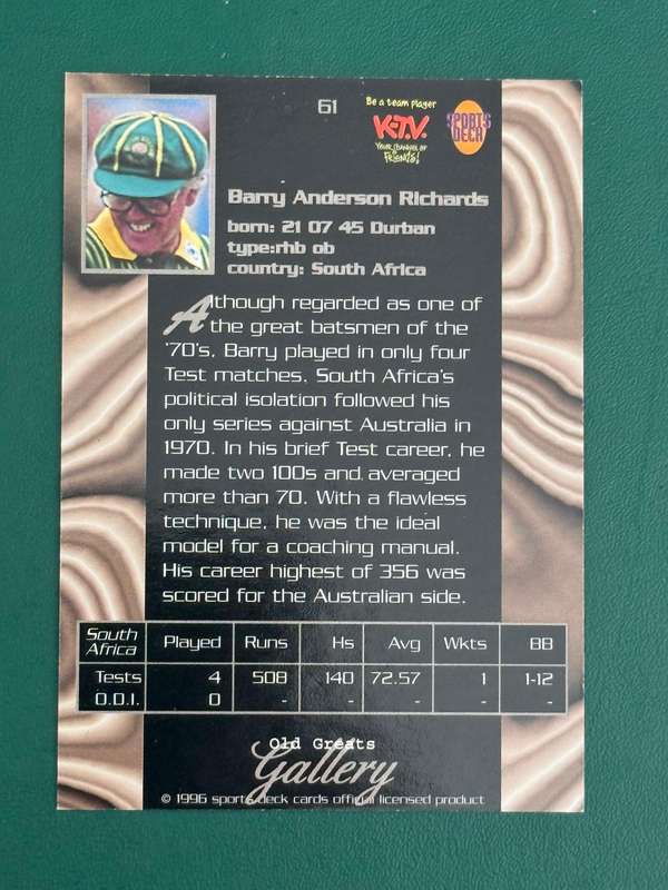 Cricket Card - *SIGNED*  Barry Richards 1996 Old Greats Sports Deck Cricket Card