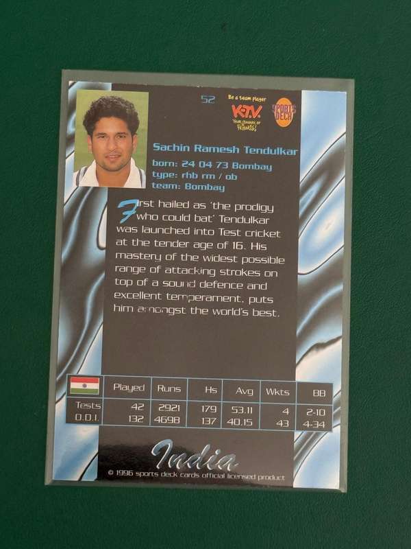 Cricket Card - *SIGNED* Sachin Tendulkar (Nr52) 1996 Sports Deck Cricket Card