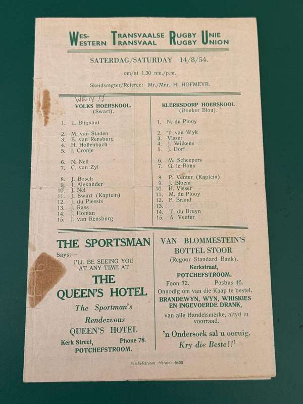 Rugby Programme - *Currie Cup* Western-Transvaal vs Rhodesia 14/08/1954