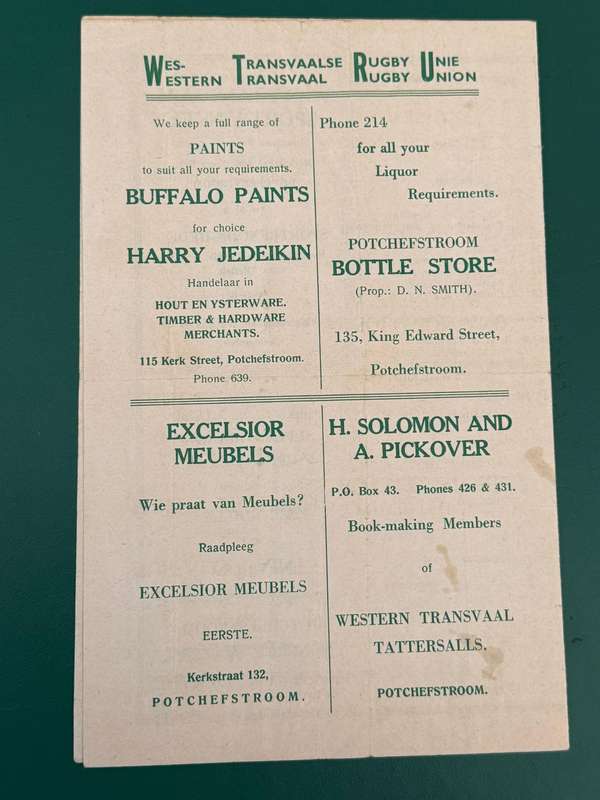 Rugby Programme - *Currie Cup* Western-Transvaal vs Rhodesia 14/08/1954