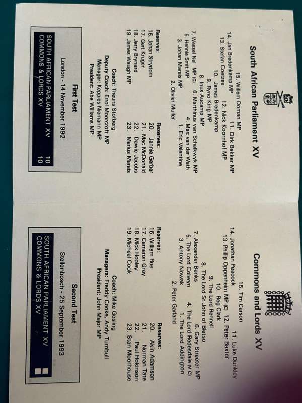 Rugby Programme - SA Parliament Inyati Rugby XV vs Parliament of her Majesty 25/09/1993