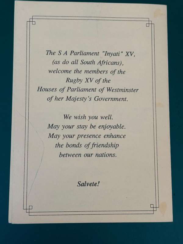 Rugby Programme - SA Parliament Inyati Rugby XV vs Parliament of her Majesty 25/09/1993