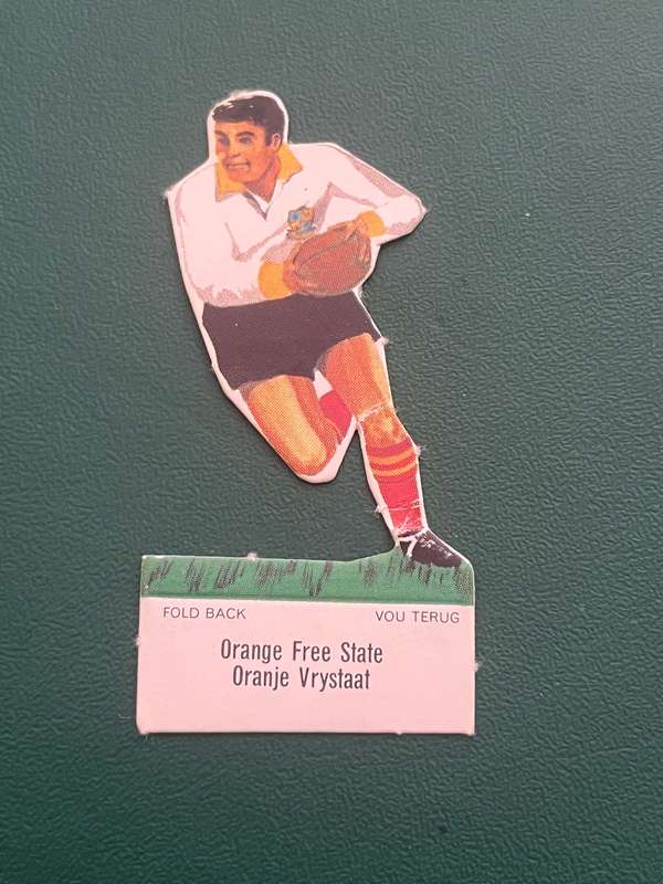 Rugby Card - 1970 Shell Free State figure pushed from the card.